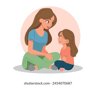 Mother and daughter talking. Loving mom listening child. Motherhood and parenting, vector illustration.