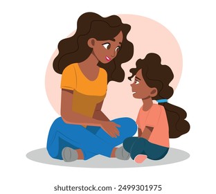 Mother and daughter talking. Loving mom listening child. Motherhood and parenting, vector illustration.