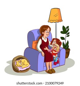 mother and daughter talking on sofa vector illustration