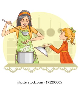Mother and daughter tests food in the kitchen, eps10