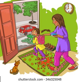 Mother with Daughter at their home. Indian family. Isolated objects. Great illustration for a school books and more. VECTOR. Editorial. Education. Advertising. Board.