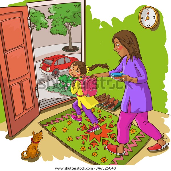Mother with Daughter at\
their home. Indian family. Isolated objects. Great illustration for\
a school books and more. VECTOR. Editorial. Education. Advertising.\
Board.