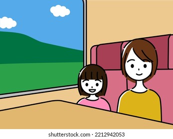 Mother and daughter traveling on express train (seats with large windows and tables)