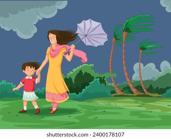 Mother and daughter with umbrella in hand walking around in the storm