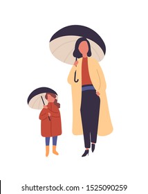 Mother and daughter with umbrellas flat vector illustration. Mom and child walking under rain isolated on white. Female characters standing in autumn fashionable coats. Fall rainy weather.