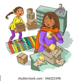 Mother with Daughter unpacking boxes. Indian family. Isolated objects. Great illustration for a school books and more. VECTOR. Editorial. Education. Advertising. Board.