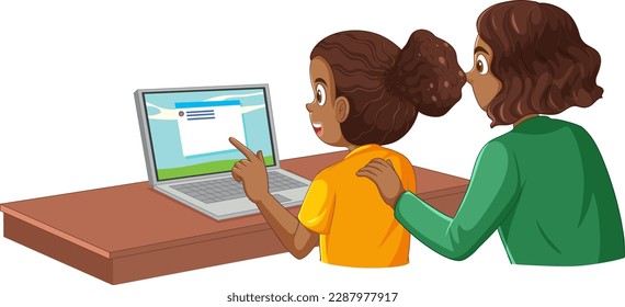 Mother and daughter using laptop vector illustration