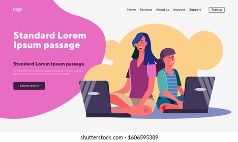 Mother and daughter using laptops. Sisters searching information online flat vector illustration. Online communication, digital technology concept for banner, website design or landing web page
