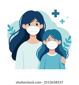 Mãe com filha usando máscara facial médica. Proteção da família e conceito de cuidados. Ilustração plana vetorial isolada sobre fundo branco.