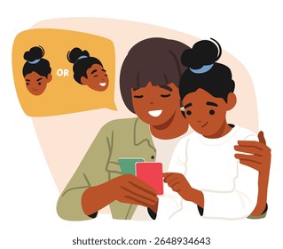 Mother and daughter using modern mobile application to learn human emotions and expressions cartoon scene. Psychology for kids, education program to develop emotional intelligence vector illustration
