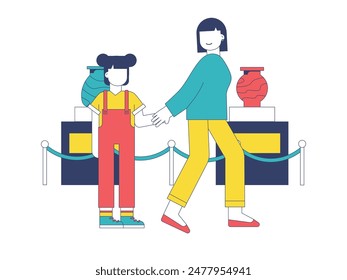 Mother and daughter viewing the pottery collection in the museum, learning and exploring. Character design. Vector flat illustration
