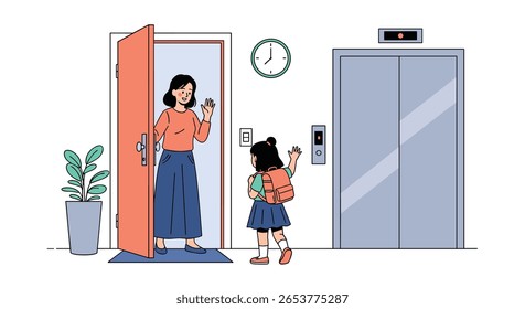 Mãe e filha esperando por elevador depois da escola com sistema de controle de acesso ao cartão de chave eletrônico em edifício residencial