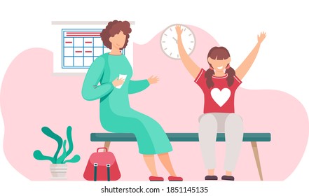 Mother and daughter waiting on bench indoor. Vector illustration woman with bag and girl teenager joyfully raising her hands up. Mom and child are waiting for a doctor's appointment in the hallway