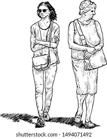 A mother and daughter walking along each other. Hand drawn vector illustration. 