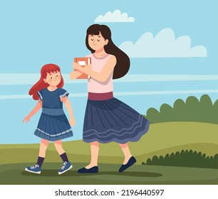 mother and daughter walking characters