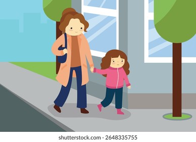 Mother and daughter walking in the city. Vector illustration in flat style