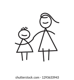 Mother and daughter walking doodle black and white vector illustration