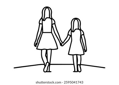 Mother and daughter walking hand in hand, symbolizing love and connection line art flat vector illustration.