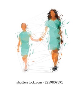 Mother and daughter walking and holding hands. Isolated low polygonal vector illustration, front view