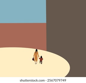 Mother and daughter walking on modern street. Spending time together in beautiful warm sunny summer day. Minimal art design.