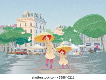 Mother and daughter walking on a rainy day