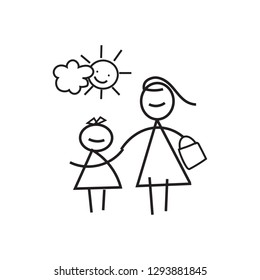 Mother and daughter walking outdoors doodle vector illustration