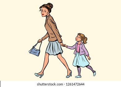 mother and daughter are walking. Pop art retro vector illustration vintage kitsch