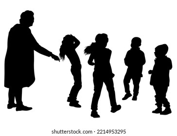 Mother and daughter walking. Silhouette people on white background