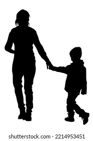 Mother and daughter walking. Silhouette people on white background