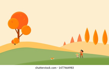 Mother and daughter walking with their corgi within autumn hills