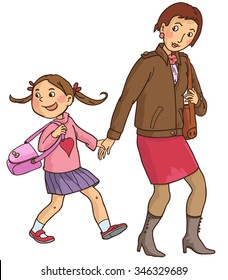 Mother with Daughter walking together. Caucasian  family. Isolated objects. Great illustration for a school books and more. VECTOR. Editorial. Education. Advertising. Board.