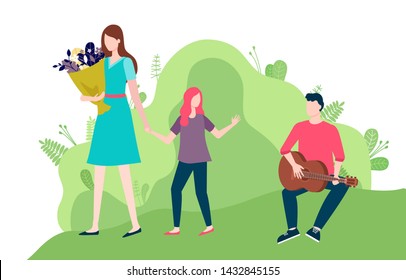Mother and daughter walking together holding hands. Woman with bouquet of flowers. Man sitting on grass playing guitar, girl waving goodbye vector