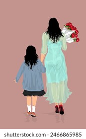 mother and daughter are walking together, holding hands, against a brown background
