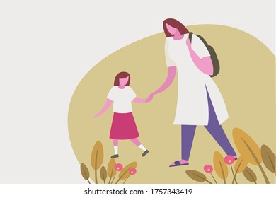 Mother and daughter walking together in the outdoor. Concept for Mother's day