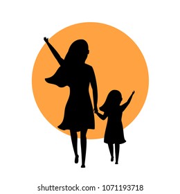 mother and daughter walking together silhouette back side view silhouette scene