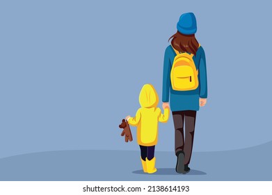 
Mother and Daughter Walking Together Vector Illustration. Single mom and kid walking away from danger
