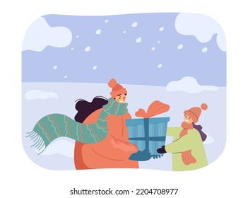 Mother and daughter in warm clothes holding gift box together. Woman and girl standing with present in snowy weather flat vector illustration. Winter holidays, family, love, care concept for banner