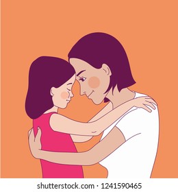 Mother and daughter warmly embracing. Mother comforting her child. Soothing hug. Vector illustration.