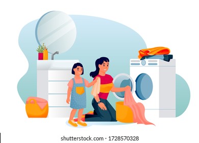 Mother and daughter wash clothes in laundry room together. Mom and little girl put things in washing machine. Vector characters illustration. Family housework, helping to parents at home work routine