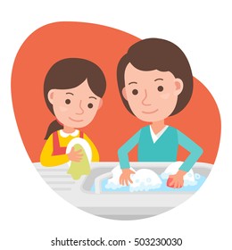 Mother Daughter Washing Dishes Stock Vector (Royalty Free) 503230030 ...