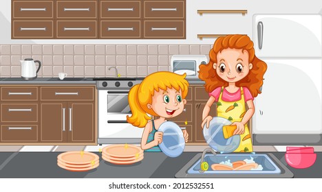 Mother and daughter washing dishes in the kitchen scene illustration