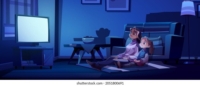 Mother and daughter watch tv at dark room. Family night recreation, home cinema entertainment. Woman and little girl sitting on plaid enjoying movie film on screen, Cartoon vector illustration