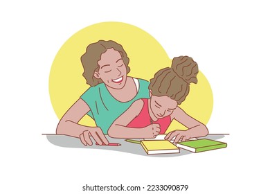 mother and daughter watching daughter do homework encourage daughter mothers day holiday illustration flat vector