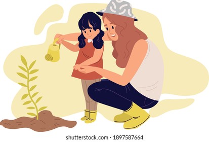 Mother with daughter watering a plant. Flat design illustration. Vector