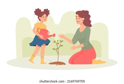 Ilustración vectorial plana de árbol de riego madre e hija. Feliz niño llevando una olla de riego, cuidando de las plantas cultivadas en el jardín, pasando tiempo con sus padres. Ecología, familia, concepto de jardinería