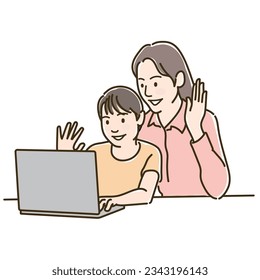 Mother and daughter waving on an online call,　Vector Illustration