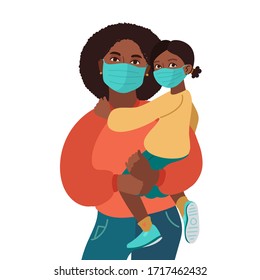 Mother and daughter wear medical masks. Virus and disease prevention. African American Persons. Vector Family illustration