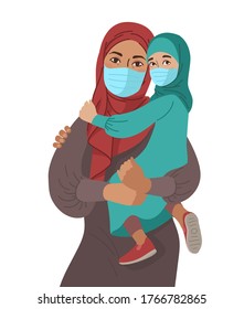 Mother and Daughter wear medical masks. Virus and disease prevention. Middle Eastern Arab Muslim Persons. Vector Family illustration.