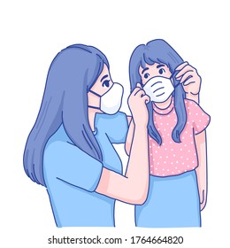 Mother and daughter are wearing mask for protection design of vector. Cartoon illustration.