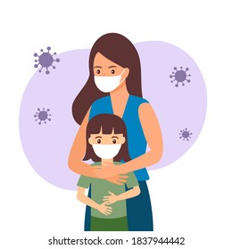 Mother and daughter wearing medical face mask to prevent Covid19 Coronavirus infection. Health protection concept vector illustration.